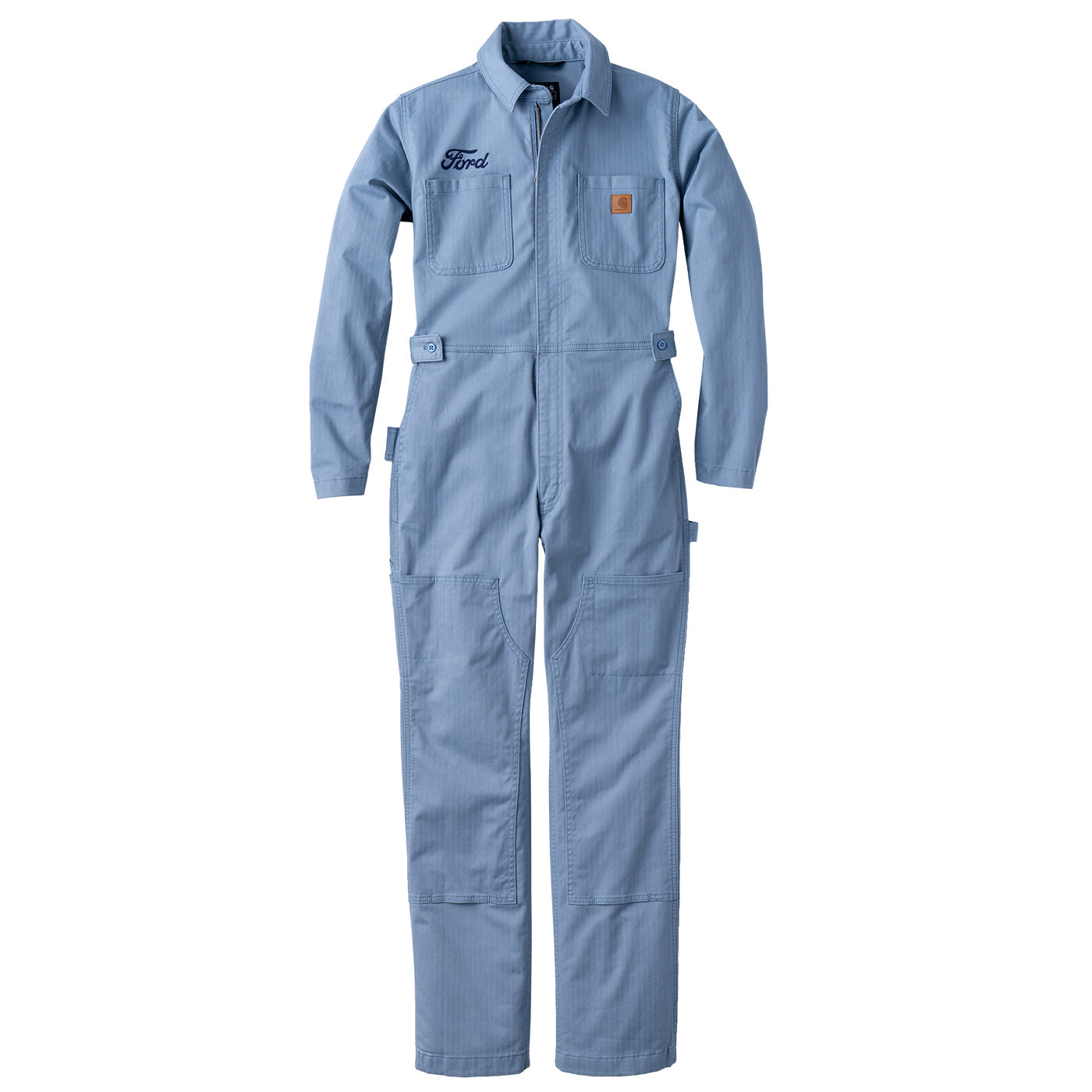 A light blue Ford work coverall jumpsuit with a zippered front, chest pockets, and a small orange Carhartt logo patch on the left chest, shown against a plain white background.